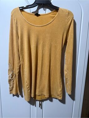 Torrid Distressed Mustard Long-Sleeve Women’s Top with Crochet Elbow Detail